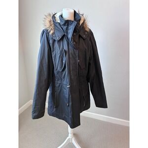 Womens Angel Kiss Los Angeles Black Faux Fur Hooded Parka Coat 2X Winter‎